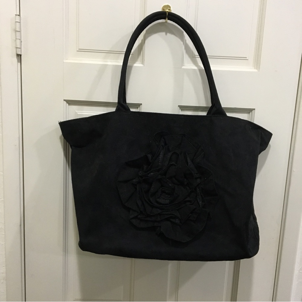 Murvoi large black suede purse with a large suede ruffled rose